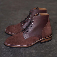 Handmade Men's Ankle High Boot, Men's Burgundy Leather & Suede Lace Up Fashion Boot. - Thumbnail 1