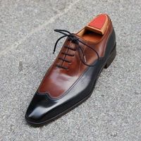 Handmade Men's Shoes, Men's Burgundy Black Leather Wing Tip Lace Up Dress Formal shoes. - Thumbnail 1