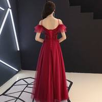 Burgundy tulle lace long prom dress, burgundy evening dress - Thumbnail 4