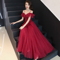 Burgundy tulle lace long prom dress, burgundy evening dress - Thumbnail 2