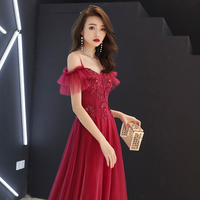 Burgundy tulle lace long prom dress, burgundy evening dress - Thumbnail 3