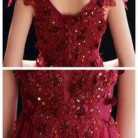 Burgundy v neck lace sequins long prom dress, evening dress - Thumbnail 3