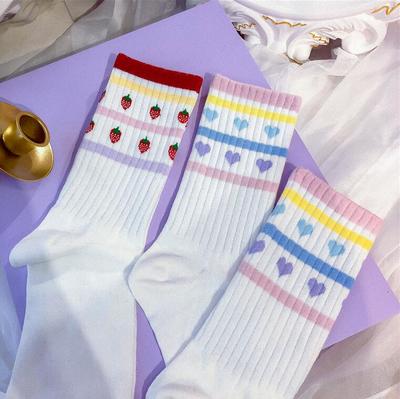 Sweet Heart Strawberry Pastel Color Block Stripe Socks