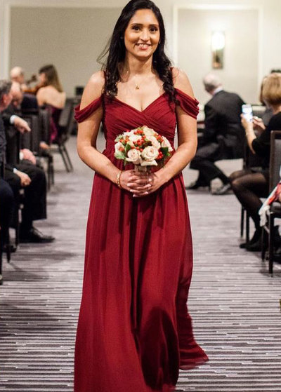 Off the Shoulder Dark Red Long Bridesmaid Dresses