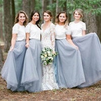 Two Piece Tulle Bridesmaid Dresses with Short Sleeves - Thumbnail 1