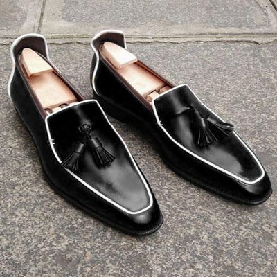 Handmade men's loafer shoes, men black leather loafer slip tassels casual shoes.