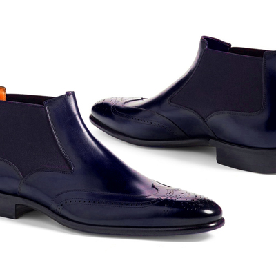 Handmade men's half ankle chelsea boot,men's blue leather wing tip chelsea boot