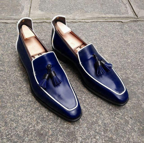 Handmade Men's Loafer Shoes, Navy Blue Leather Loafer Slip Tassels Casual Shoes.