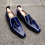 Handmade Men's Loafer Shoes, Navy Blue Leather Loafer Slip Tassels Casual Shoes.-1