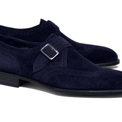 Handmade men's monk shoes, men's navy blue suede wing tip monk strap shoes.