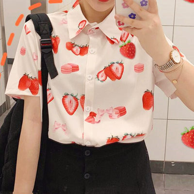Macaron strawberry bow print blouse