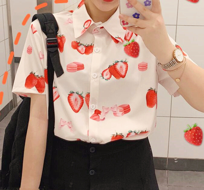 Macaron Strawberry Bow Print Blouse