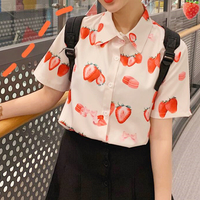Macaron Strawberry Bow Print Blouse - Thumbnail 1