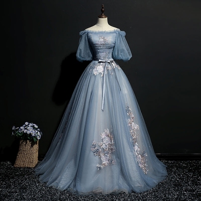 Gray blue tulle lace long prom gown, formal dress - Thumbnail 4