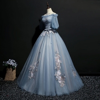 Gray blue tulle lace long prom gown, formal dress - Thumbnail 1