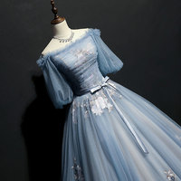 Gray blue tulle lace long prom gown, formal dress - Thumbnail 2