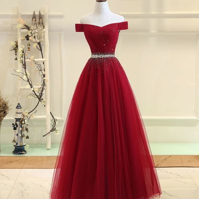 Burgundy tulle off shoulder long prom dress, burgundy evening dress - Thumbnail 4