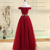 Burgundy tulle off shoulder long prom dress, burgundy evening dress - Thumbnail 4