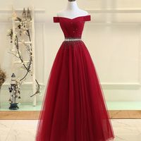 Burgundy tulle off shoulder long prom dress, burgundy evening dress - Thumbnail 6