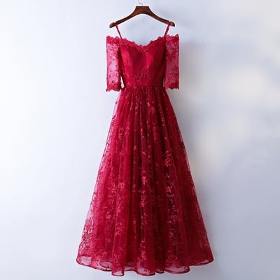 High quality burgundy lace tulle long prom dress, evening dress - Thumbnail 4