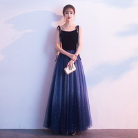 Dark Blue Velvet Tulle Long Prom Dress, Evening Dress - Thumbnail 1