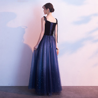 Dark Blue Velvet Tulle Long Prom Dress, Evening Dress - Thumbnail 2