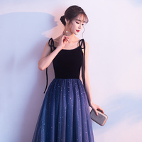 Dark Blue Velvet Tulle Long Prom Dress, Evening Dress - Thumbnail 3