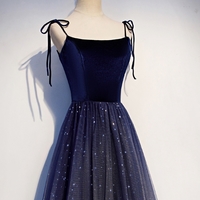 Dark Blue Velvet Tulle Long Prom Dress, Evening Dress - Thumbnail 4