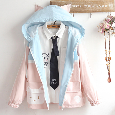 Cute little fresh cute cat pocket colorblock coat - Thumbnail 4