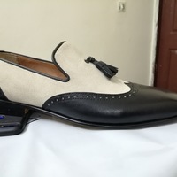 Handmade Men's Loafer Shoes, Beige Black Leather Suede Slip Tussles Casual Shoes. - Thumbnail 1