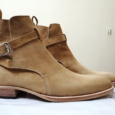 Handmade men's jodhpurs boot, men's beige suede buckle strap boot.