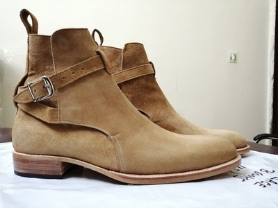 Handmade Men's Jodhpurs Boot, Men's Beige Suede Buckle Strap Boot.