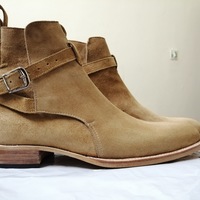 Handmade Men's Jodhpurs Boot, Men's Beige Suede Buckle Strap Boot. - Thumbnail 1