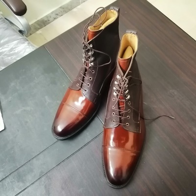 Handmade men's cap toe leather boot, men's 2 tone brown ankle high lace up boot