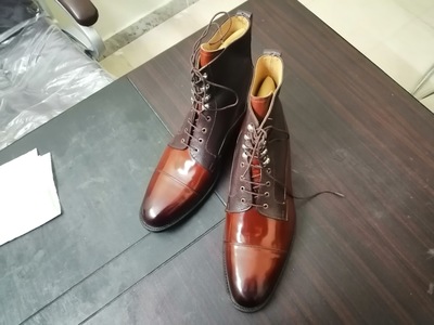 Handmade Men's Cap Toe Leather Boot, Men's 2 Tone Brown Ankle High Lace Up Boot