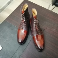 Handmade Men's Cap Toe Leather Boot, Men's 2 Tone Brown Ankle High Lace Up Boot - Thumbnail 1