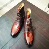 Handmade Men's Cap Toe Leather Boot, Men's 2 Tone Brown Ankle High Lace Up Boot - Thumbnail 2