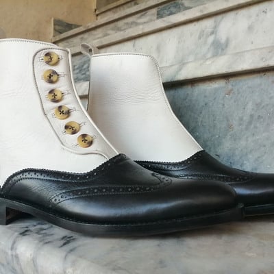 Handmade men's wing tip brogue leather boot, men's black white ankle high button top boot