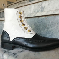 Handmade Men's Wing Tip Brogue Leather Boot, Men's Black White Ankle High Button Top Boot - Thumbnail 2