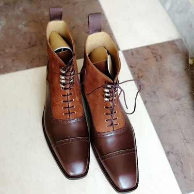 Handmade men's cap toe leather suede boot, men's tan brown ankle high lace up boot