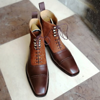 Handmade Men's Cap Toe Leather Suede Boot, Men's Tan Brown Ankle High Lace Up Boot - Thumbnail 2