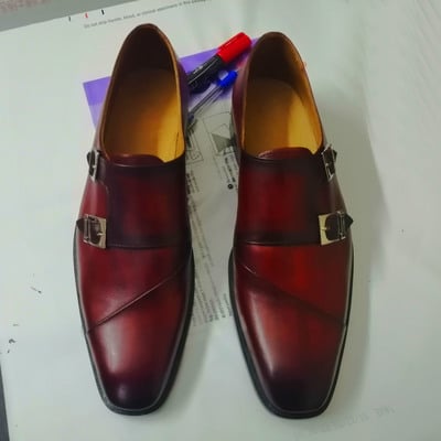 Handmade men's double monk strap shoes, men's burgundy leather stylish shoes