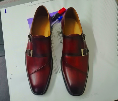 Handmade Men's Double Monk Strap Shoes, Men's Burgundy Leather Stylish Shoes