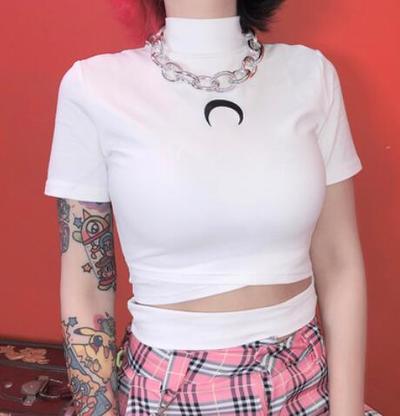 Moon Printed Cross Hollow Out Tee