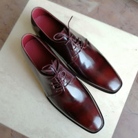 Handmade Men's Lace Up Derby Shoes, Men's Burgundy Leather Stylish Shoes - Thumbnail 1