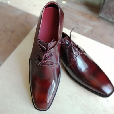 Handmade men's lace up derby shoes, men's burgundy leather stylish shoes