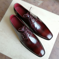 Handmade Men's Lace Up Derby Shoes, Men's Burgundy Leather Stylish Shoes - Thumbnail 2