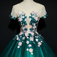 Dark green tulle applique long prom dress, evening dress - Thumbnail 1