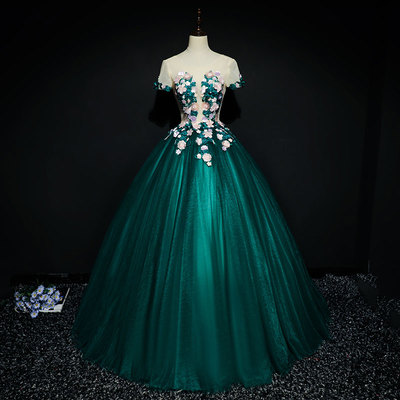 Dark green tulle applique long prom dress, evening dress - Thumbnail 5