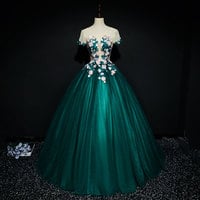 Dark green tulle applique long prom dress, evening dress - Thumbnail 3